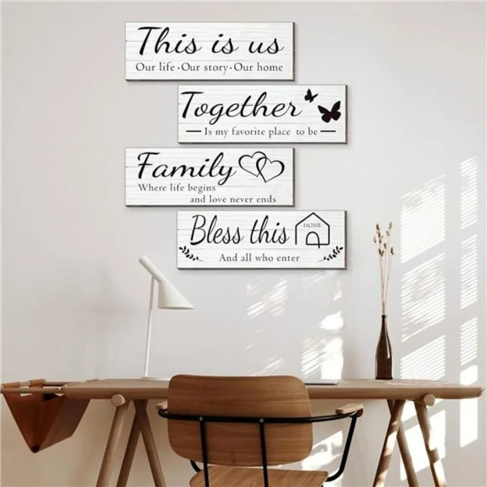 4 Pieces Wooden Home Wall Art Decor Rustic Farmhouse Decor Signs For Living Room
